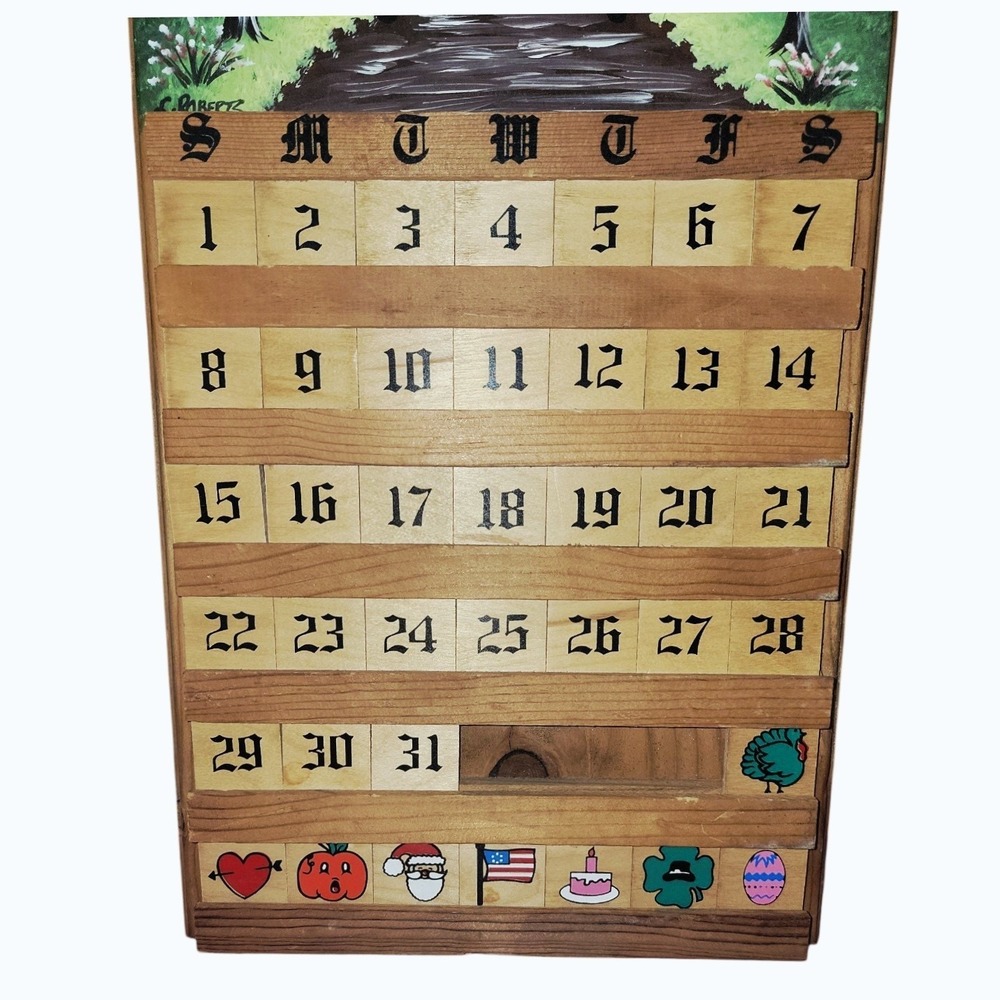 Vintage Amish-Themed Wooden Perpetual Calendar Hand Painted Folk Art 23x11 - Picture 4 of 6